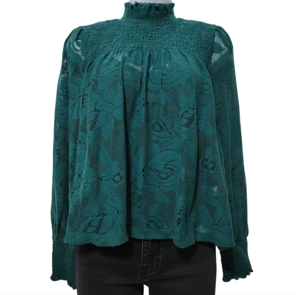 Sundance | Floral Lace Mock Neck Smocked Long Sleeve Blouse Top w/ Cami Green